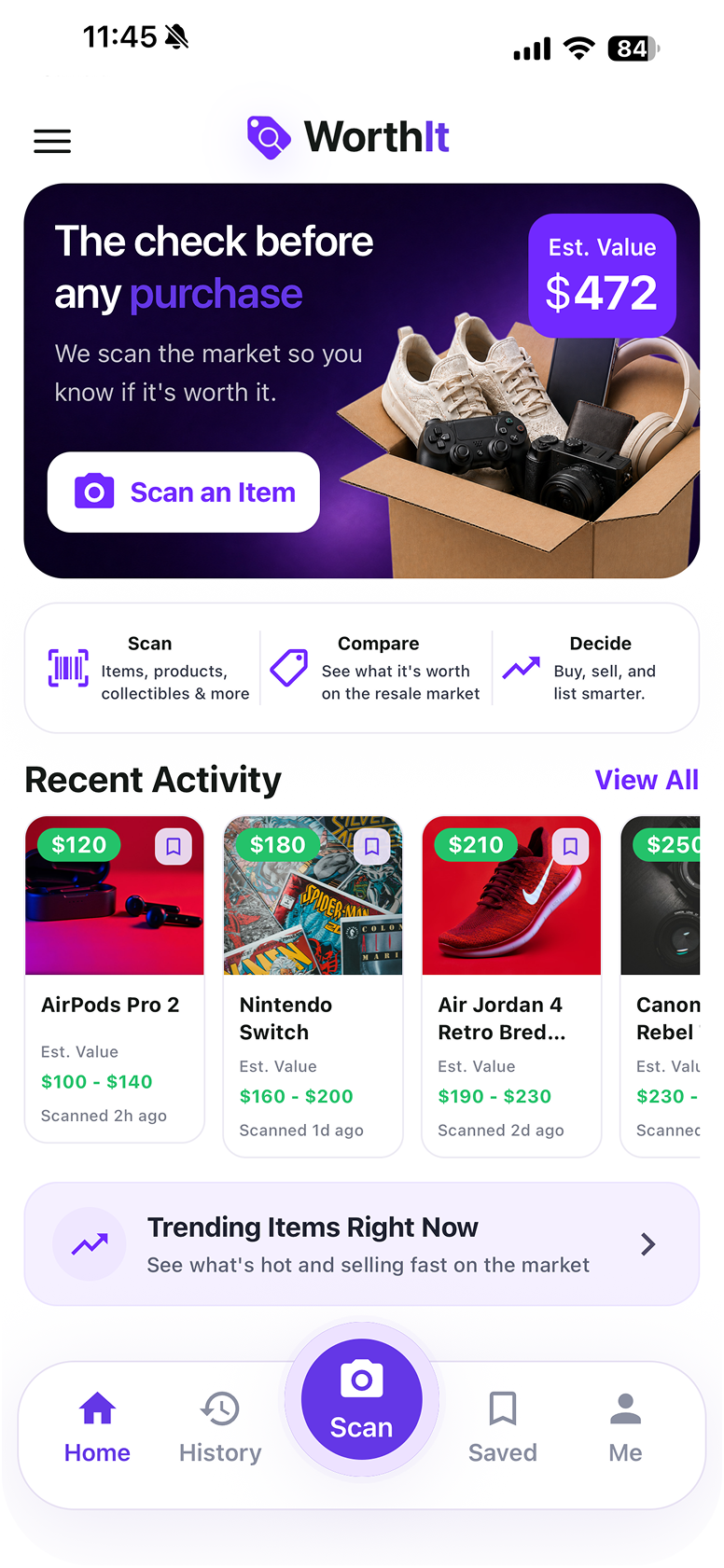 Real WorthIt app screen with scan, resale estimates, and recent activity
